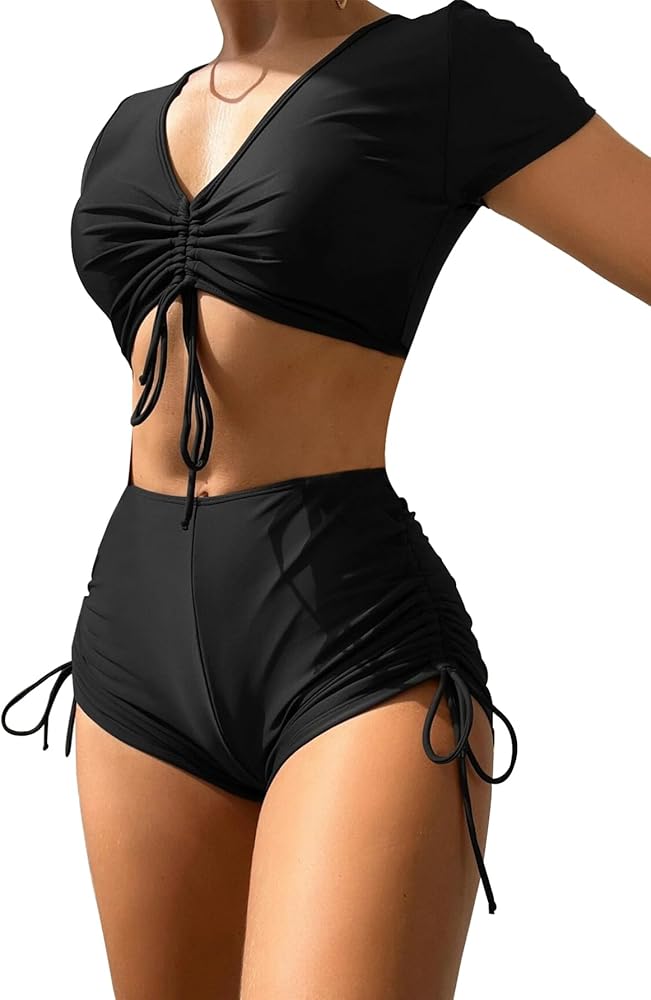 Lilosy High Waisted Tummy Control Drawstring Bikini Set Srting Swimsuit Short Sleeve Top and Tie Side Shorts 2 Piece