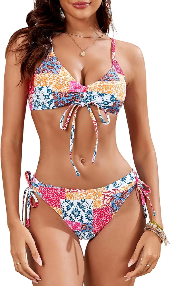 ZAFUL Women's Triangle Bikini Floral Ruffles Bow Tie Up Bikini Set Two Piece Swimsuit