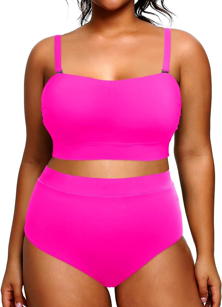 Tempt Me Women Plus Size High Waisted Bikini Bandeau Two Piece Swimsuit