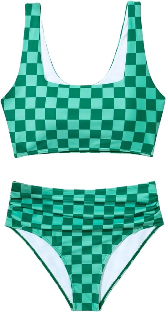 Verdusa Women's Plaid Print High Waisted Bikini Sets Two Piece Swimsuit Bathing Suits