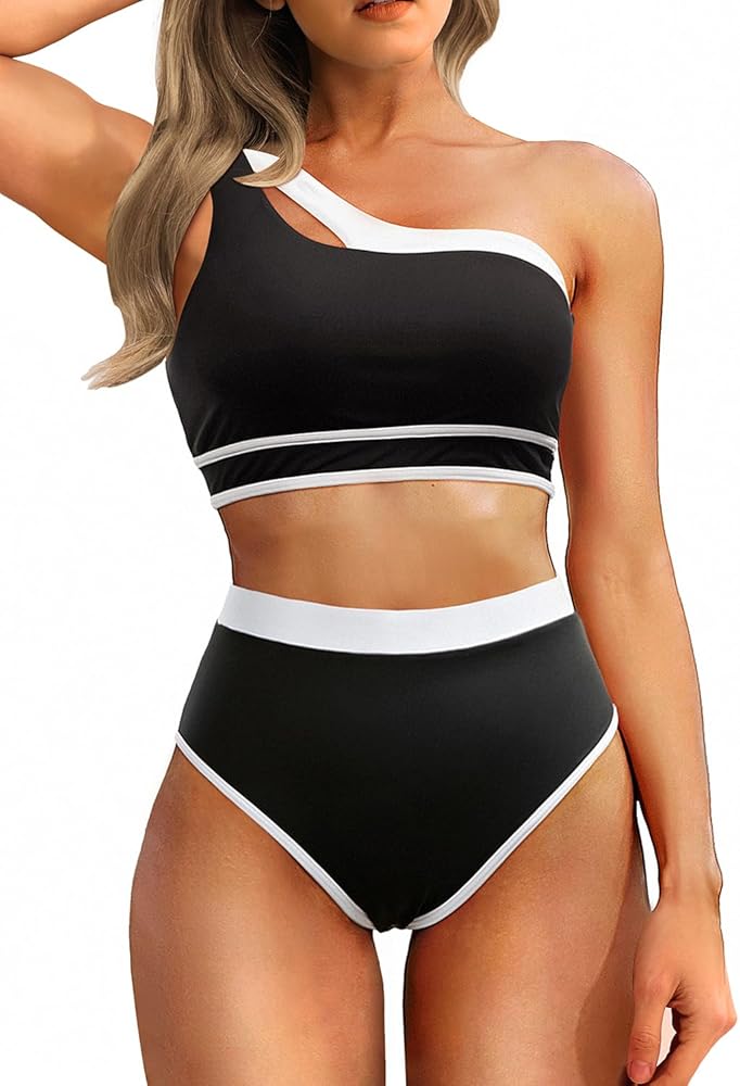 Tempt Me Women One Shoulder High Waisted Bikini Color Block Two Piece Swimsuits Cutout 2 Piece Bathing Suit