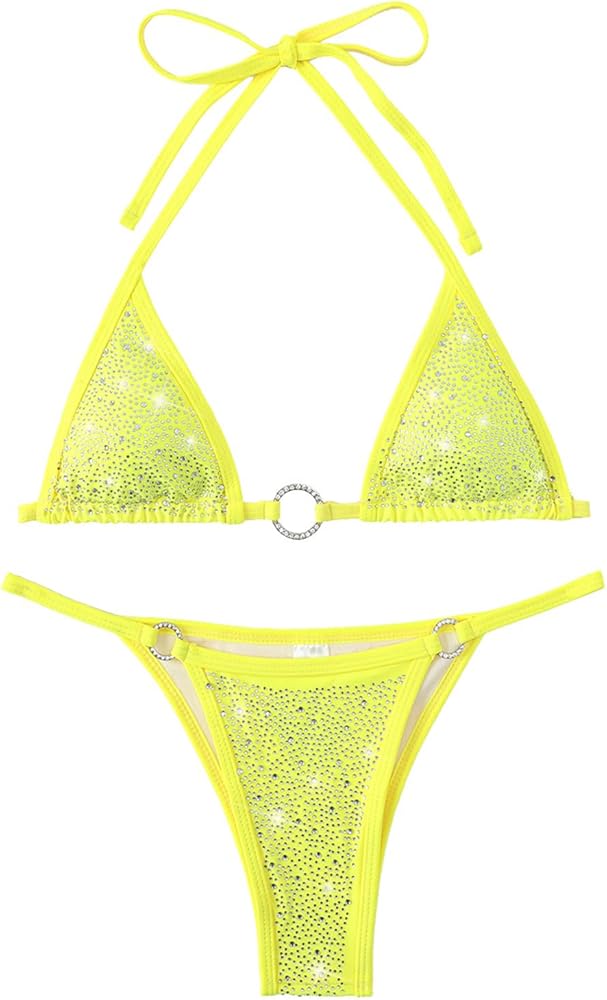 Women's Sparkly Rhinestone Halter Triangle O Ring Top String Thong High Cut Bottom 2 Pieces Bikini Swimsuit Set