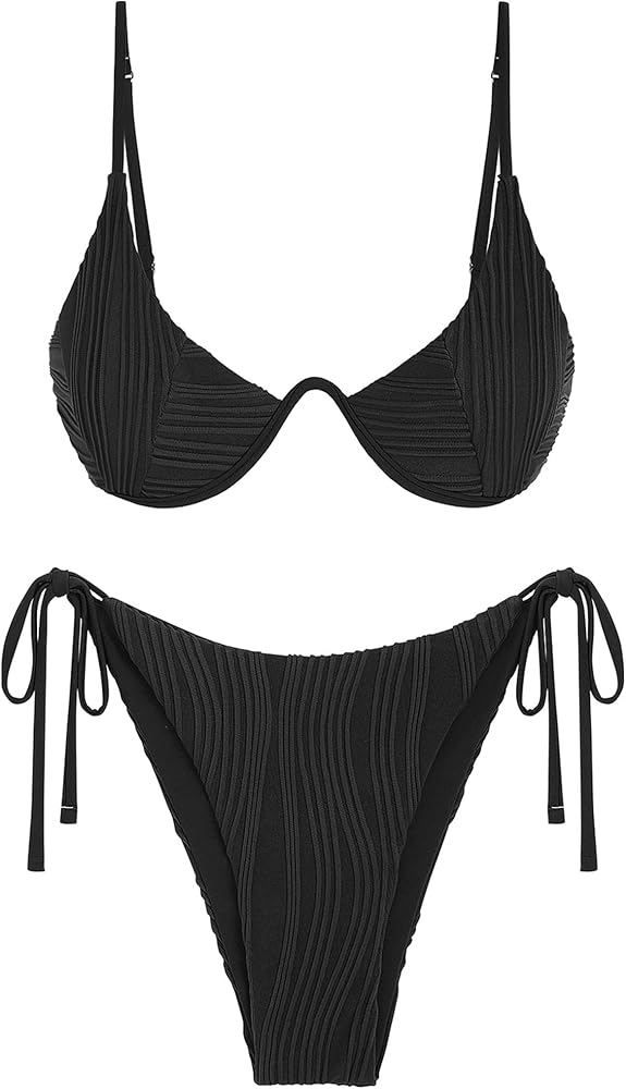 ZAFUL Women's Bikini Sets Ribbed Two Piece Swimsuits Underwire Adjustable Back Clasp Bathing Suit Side Tie Thong Swimwear