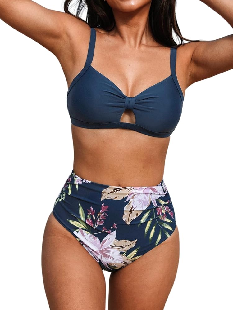 CUPSHE Bikini Set for Women Two Piece Swimsuits High Waisted Cut Out Crisscross Back Tie Shirring Bottom