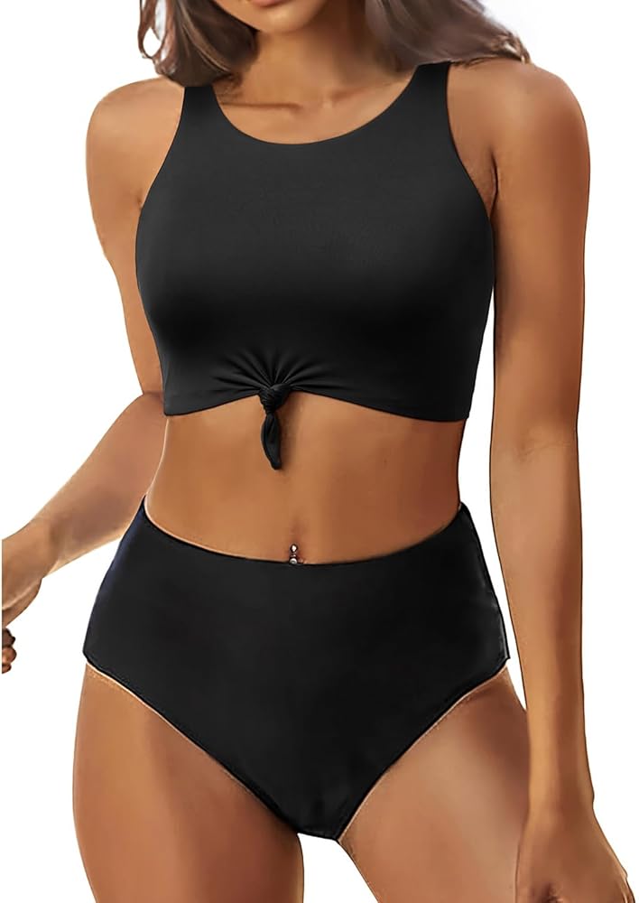 Tempt Me Women High Waisted Sporty Bikini Sets High Neck Two Piece Swimsuits Tie Knot Bathing Suits