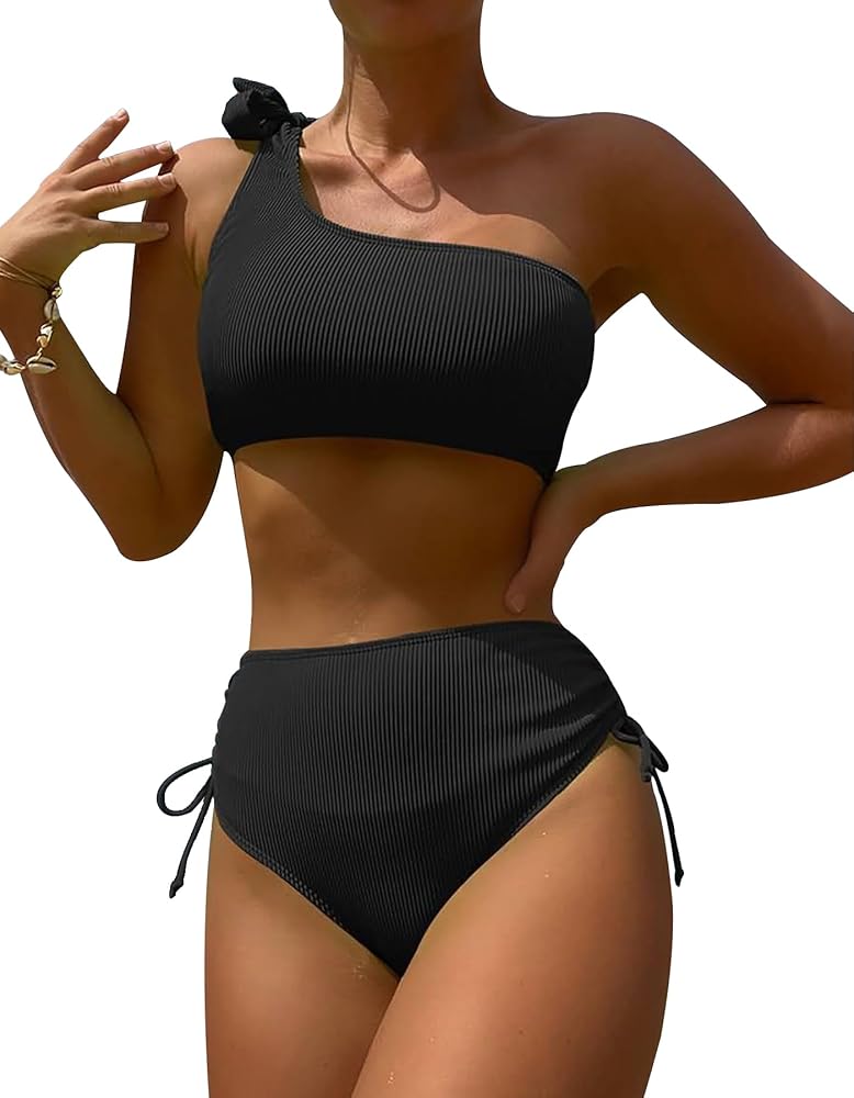 Women One Shoulder Bikini Set Ribbed High Waisted Coverage Swimsuit Drawstring Tie Side Two Piece Bathing Suit