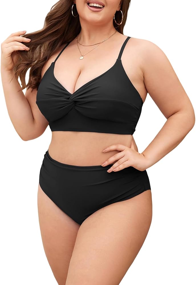 ZAFUL Plus Size Twist High Waisted Bikini Sets for Women Push Up Bikini Swimsuits Tummy Control 2 Piece Bathing Suit