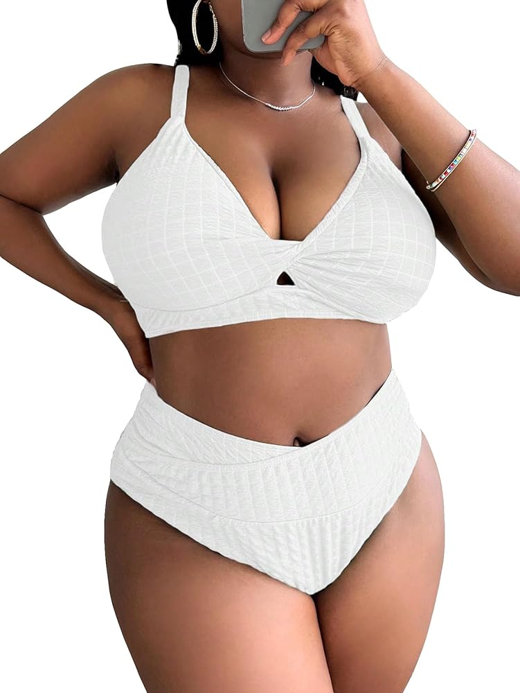 SOLY HUX Women's Plus Size Two Piece Swimsuit High Waisted Bikini Sets Twist Cut Out Cheeky Bathing Suits