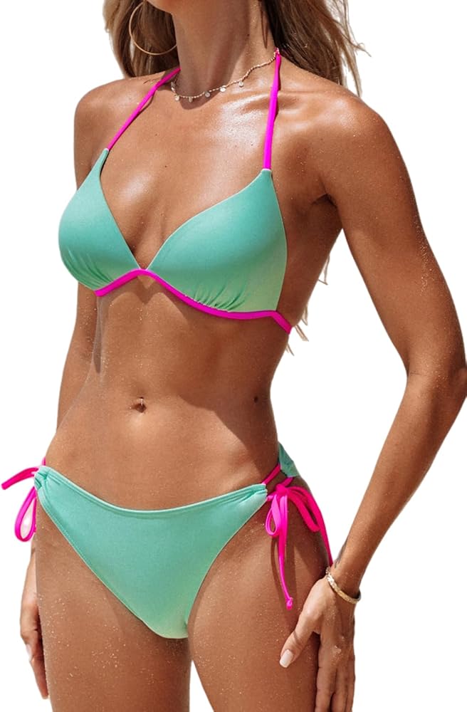 CUPSHE Women's String Bikini Sets Halter Triangle Top Self Tie Back Strappy Low Rise Cheeky Swimwear Color Block