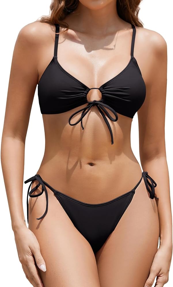 Zonsaoja Women's String Bikini Set Tie Front Two Piece Swimsuit Cheeky Side Tie Bathing Suits