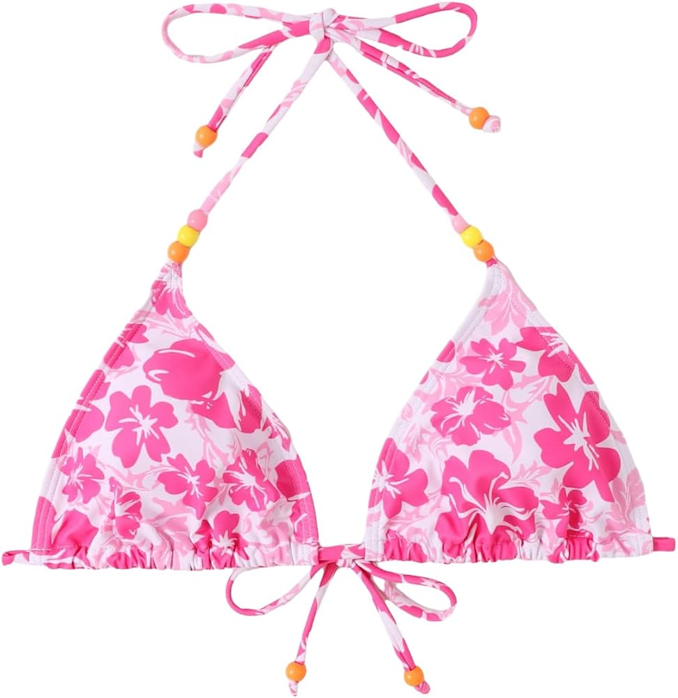 Verdusa Women's Floral Print Halter Bikini Top String Triangle Bra Swimsuit Tops