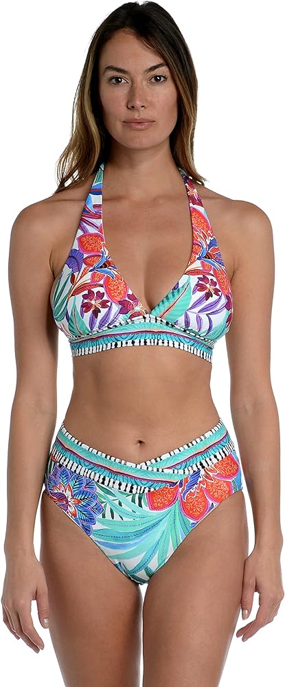 La Blanca Women's Rouched Halter Bikini Swimsuit Top, Multi//Tropics of Tropez, 6