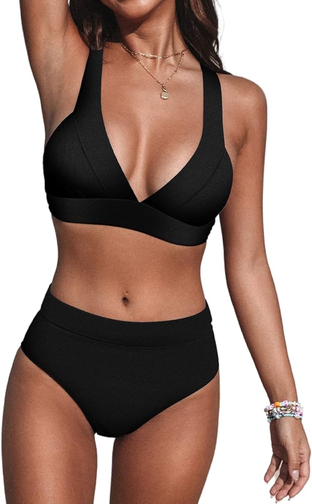 CUPSHE Bikini Set for Women Two Piece Swimsuits High Waisted Deep V Neck Back Hook Wide Straps