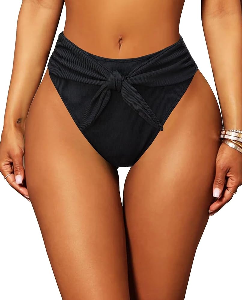 TZLDN High Waisted Bikini Bottoms for Women High Cut Cheeky Tie Front Ribbed Swimsuit Bathing Suit Bottom