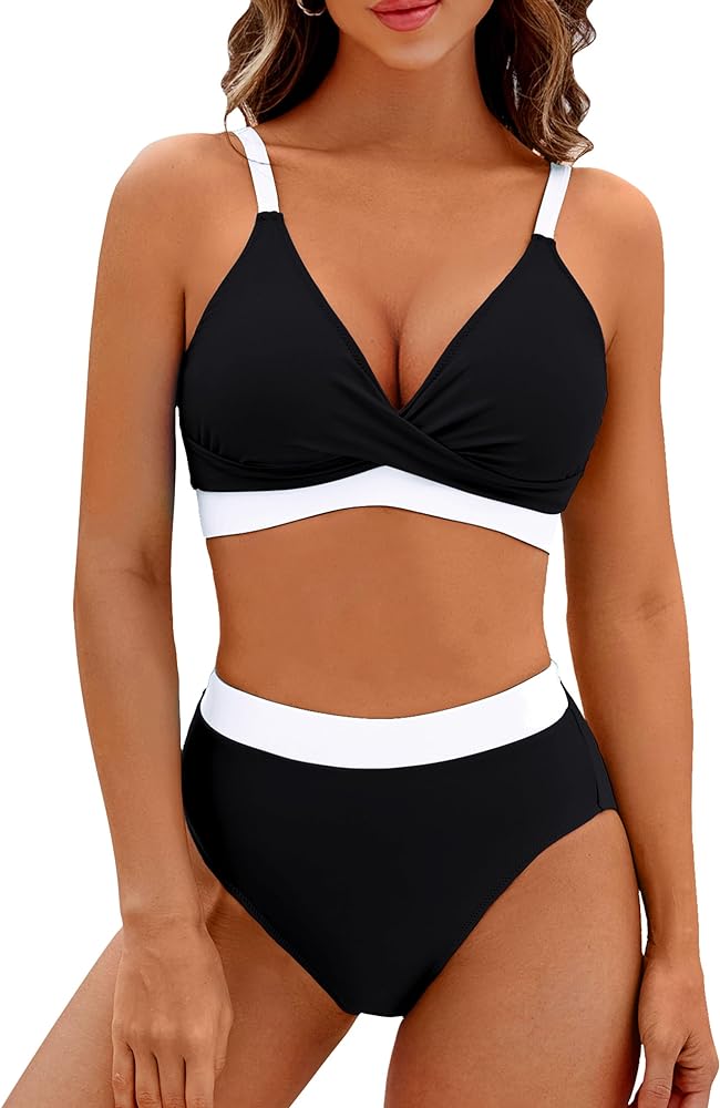 BMJL Women's High Waisted Bikini Sets V Neck Two Piece Swimsuit Color Block Twist Front Bathing Suits