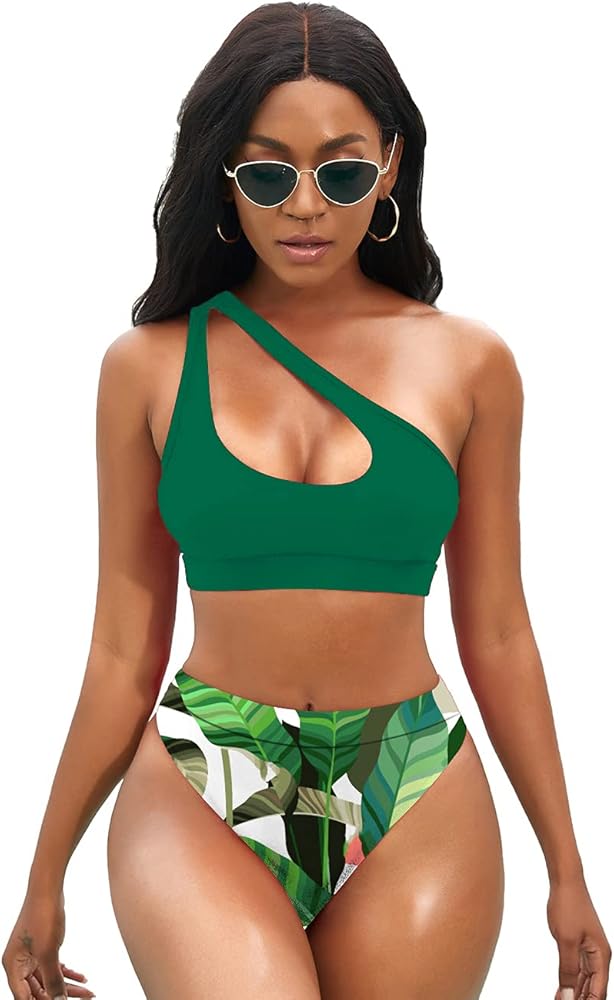 NAFLEAP One Shoulder Cutout Bikini Set for Women High Waisted Bottom Swimsuit Two Piece Bathing Suit