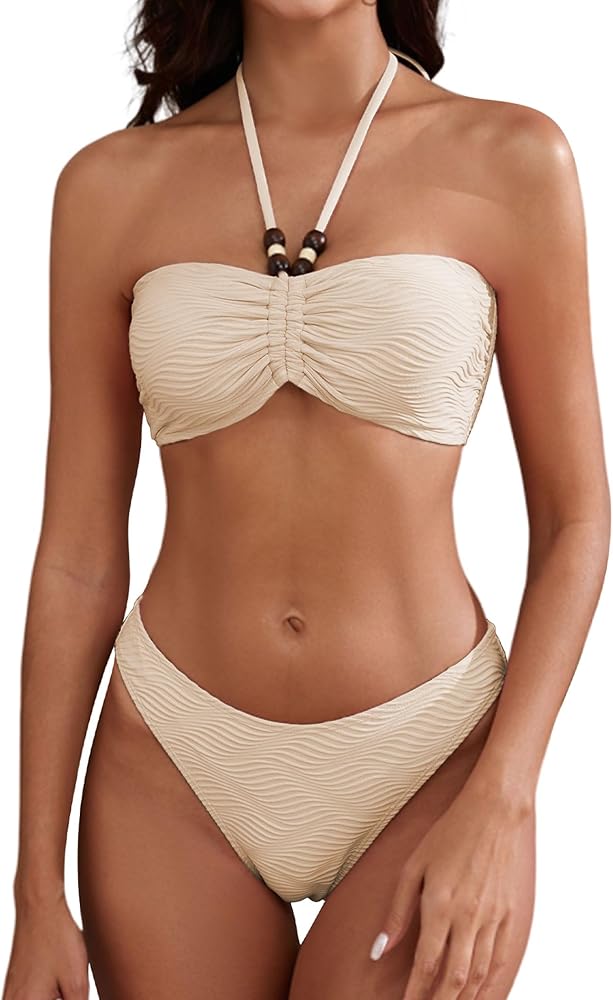 ZAFUL Women's Halter Bandeau Bikini Beaded Tie Back String Bikini Set Push Up Two Piece Swimsuit Bathing Suits