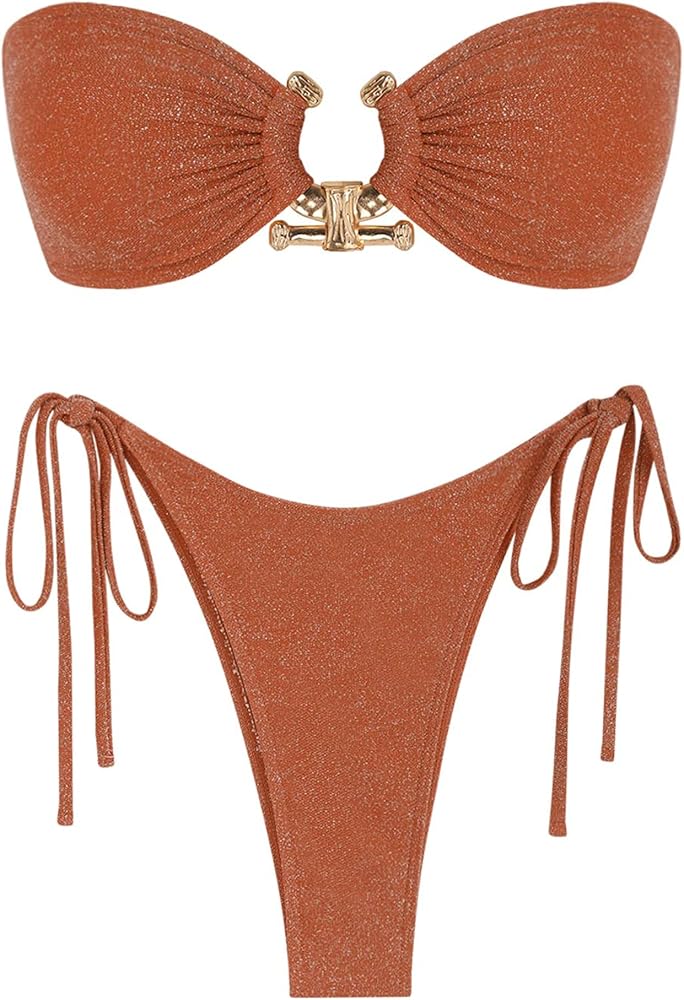 ZAFUL Metal Ring Bandeau Bikini Set Tie Side Bathing Suit High Cut 2 Piece Swimsuit Cutout Swimwear