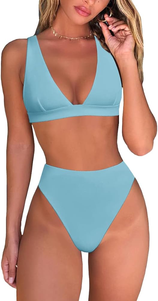 Womens High Waisted Thong Bikini Sets Sexy Brazilian Triangle Top Deep V Neck Two Piece Swimsuit Bathing Suits