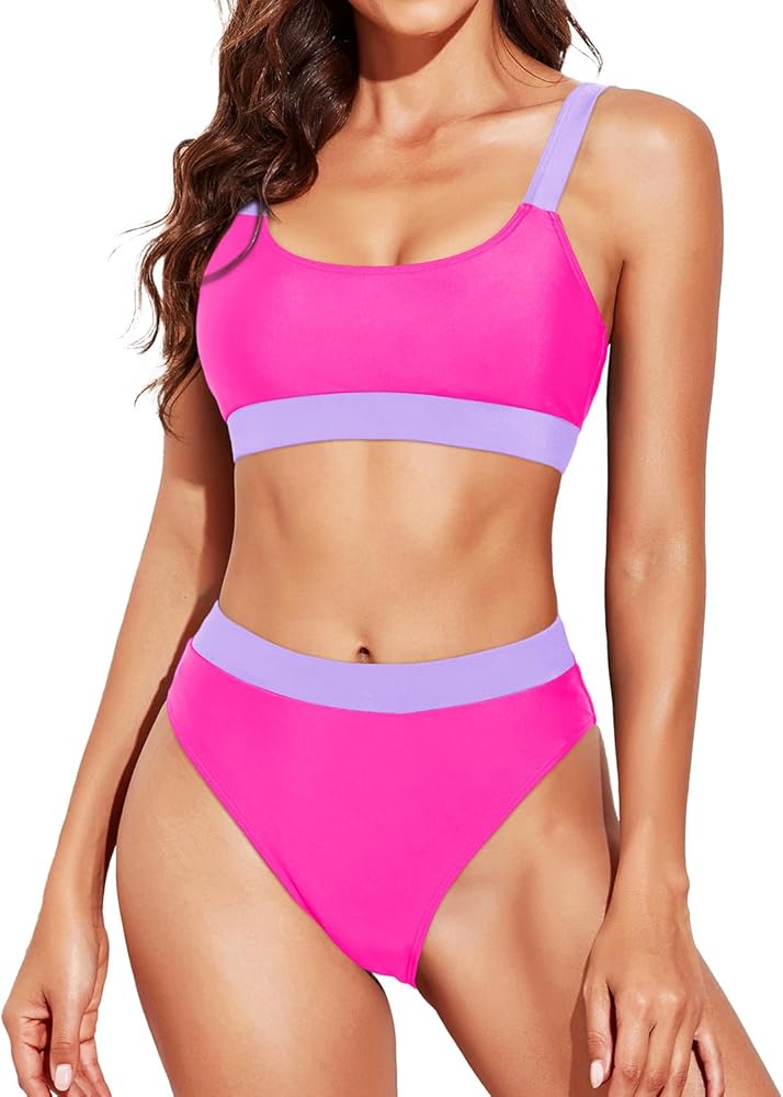 Tempt Me Women Two Piece High Waisted Bikini Swimsuits with Bottoms Teen Scoop Neck Sport Bathing Suits