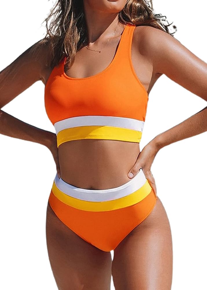 Hilinker Women's High Waisted Bikini Cut Out Sports Crop Top Color Block Swimsuit