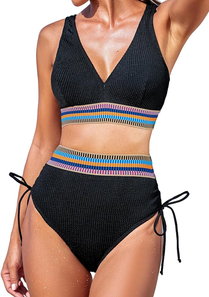 CUPSHE Women's Bikini Sets Two Piece Swimsuit High Waisted Plunging Neck Wide Straps Drawstring Tie Color Block