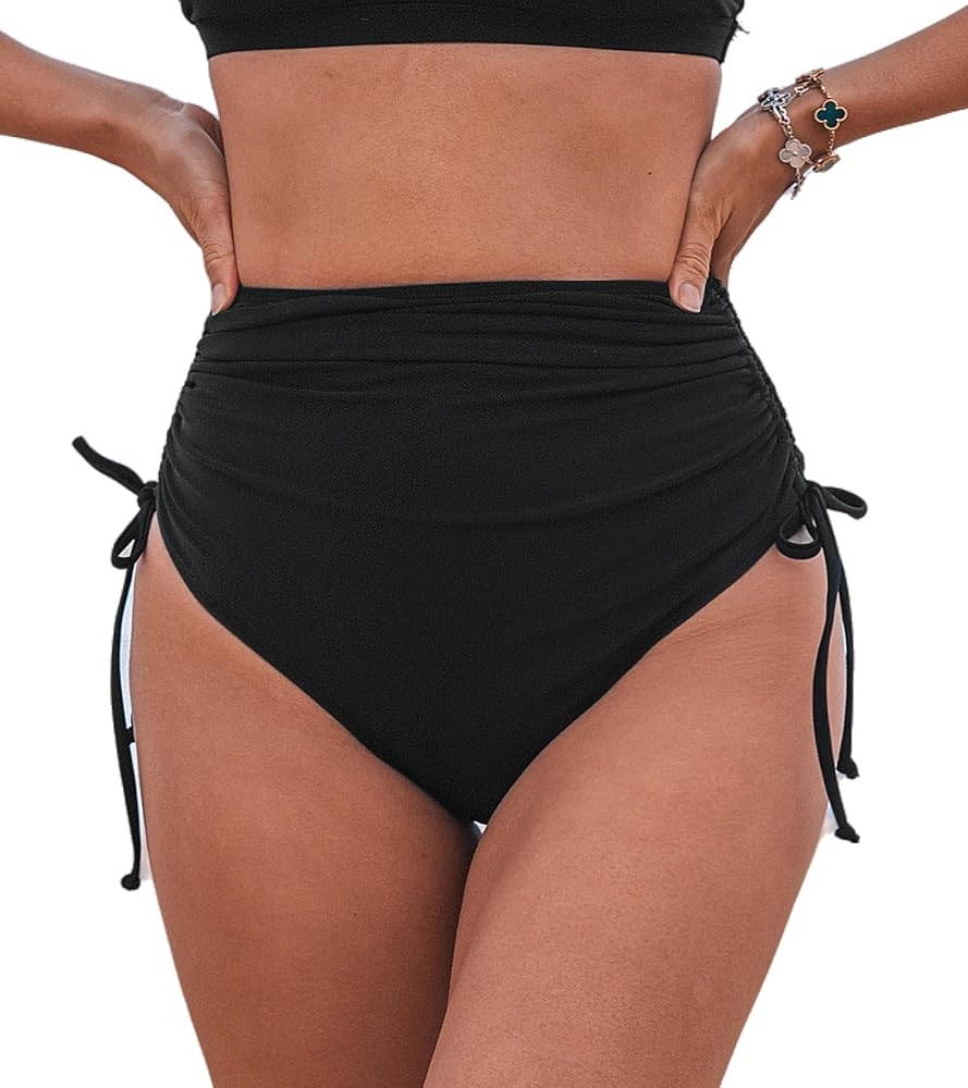 CUPSHE Women's Bikini Bottom High Waisted Tummy Control Ruched Side Drawstring