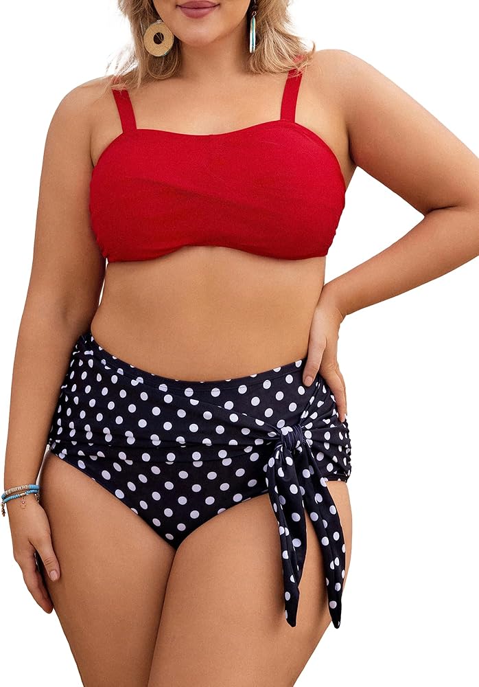 KIMCURVY Women's Plus Size Two Piece Bikini with Tie Knot with High Waisted Tummy Control Swimsuit