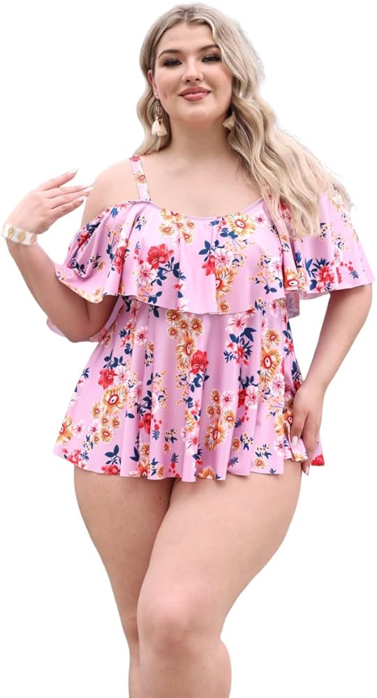 SOLY HUX Plus Size 2 Piece Tankini Floral Print Swimsuit Ruffle Trim Bikini Set Tummy Control Bottom Bathing Suit