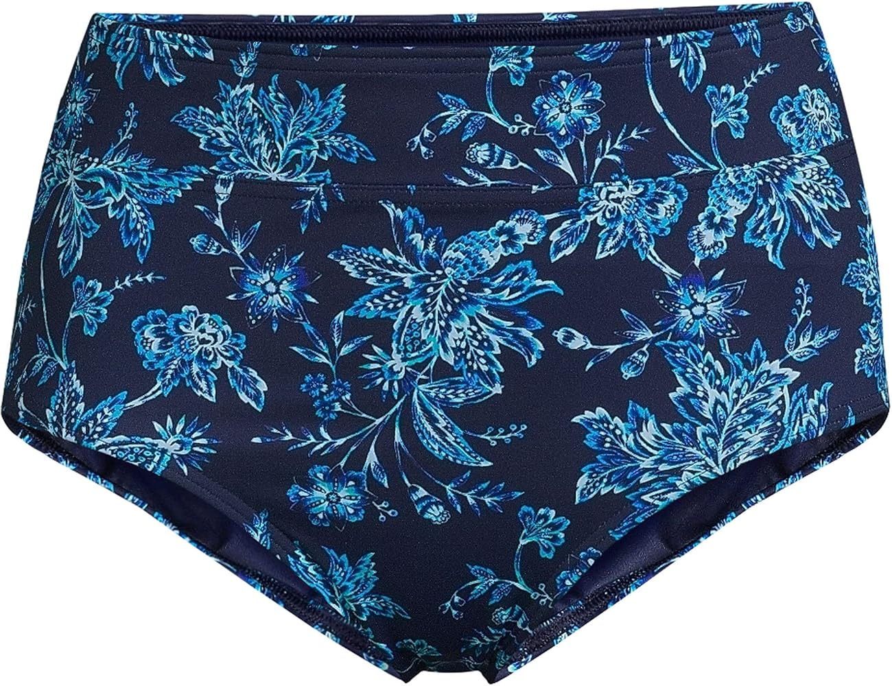 Lands' End Womens Chlorine Resistant High Waisted Bikini Bottoms Control Deep Sea Navy Jacobean Regular 14