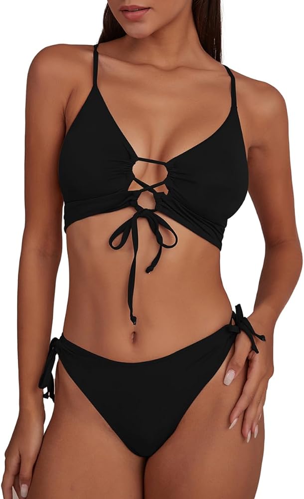 CHYRII Womens Sexy Cutout Bikini Sets Lace Up High Cut Thong Two Piece Swimsuit