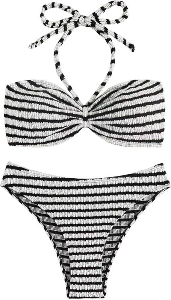 Women's Striped Halter Bathing Suit Colorblock High Waisted Swimsuit Bikini Set