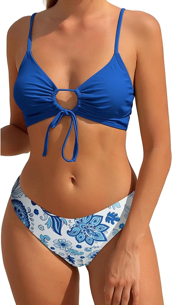 Bikini Set for Women Two Piece Swimsuits High Waisted Cut Out Tie Front Cheeky Crisscross Halter Bathing Suit