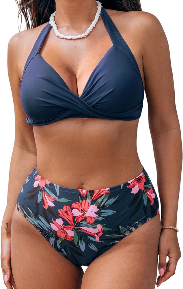 CUPSHE Women's Bikini Sets for Women Large Bust Two Piece Bathing Suit High Waisted V Neck Halter Back Tie Twisted Front