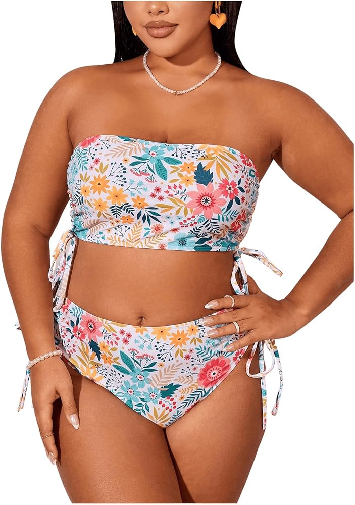 SOLY HUX Women's Plus Size Swimsuit Floral Print Bandeau Drawstring Side Bikini Sets Two Piece Bathing Suits Multicoloured Floral 3XL