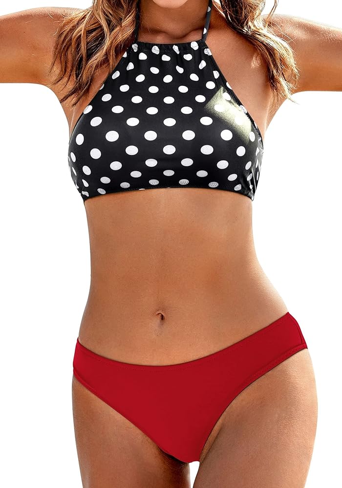 Ekouaer High Neck Halter Bikini Top Floral Swimsuits Two Piece Bathing Suits Triangle Bottoms for Women Teen Juniors XS-XXL