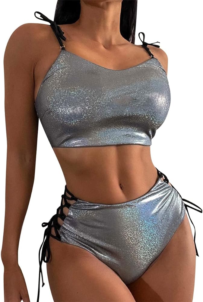 Women Rave Shiny Outfit Holographic Strappy Bikini sets Bra Top Panty Bottom Metallic Swimsuits Dancewear