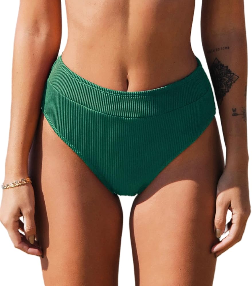 CUPSHE Women Swimsuit Bikini Bottom High Waisted Ribbed Textured Bathing Suit with Full Coverage