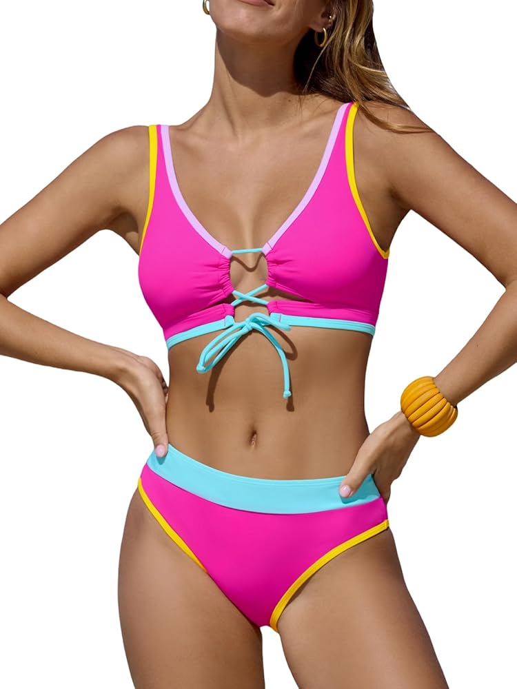 CUPSHE Women's Bikini Sets Two Piece Swimsuit Scoop Neck Crisscross Self Tie Color Block Mid Rise Reversible Top