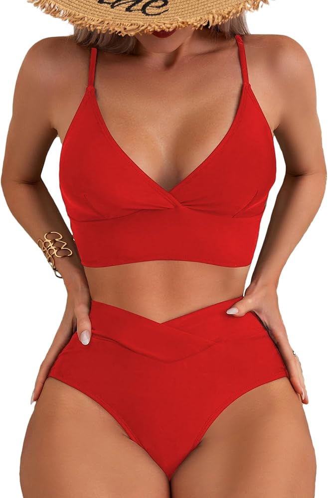 Womens Bathing Suit 2 piece Tummy Control High Leg Swimsuit V Cut Bottom