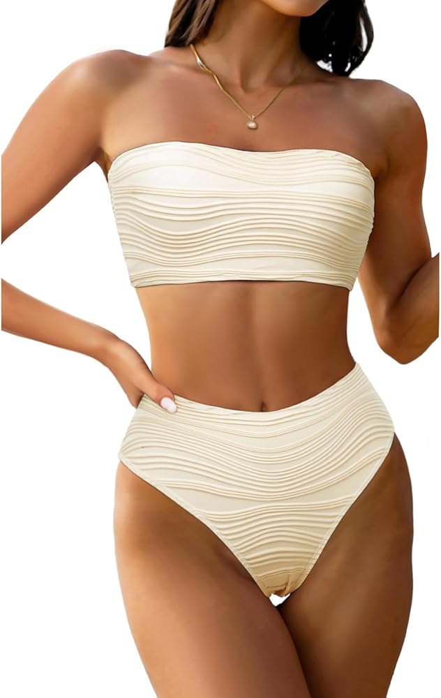 Tempt Me Women Bandeau Bikini Set Strapless Two Piece Swimsuit High Cut High Waisted Bathing Suits