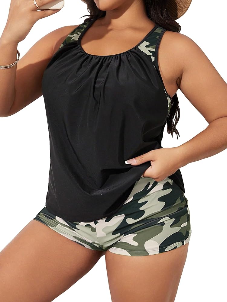 SOLY HUX Women's Plus Size Tankini Set Floral Print Tops and Shorts Bikini Bathing Suits 2 Piece Swimsuit