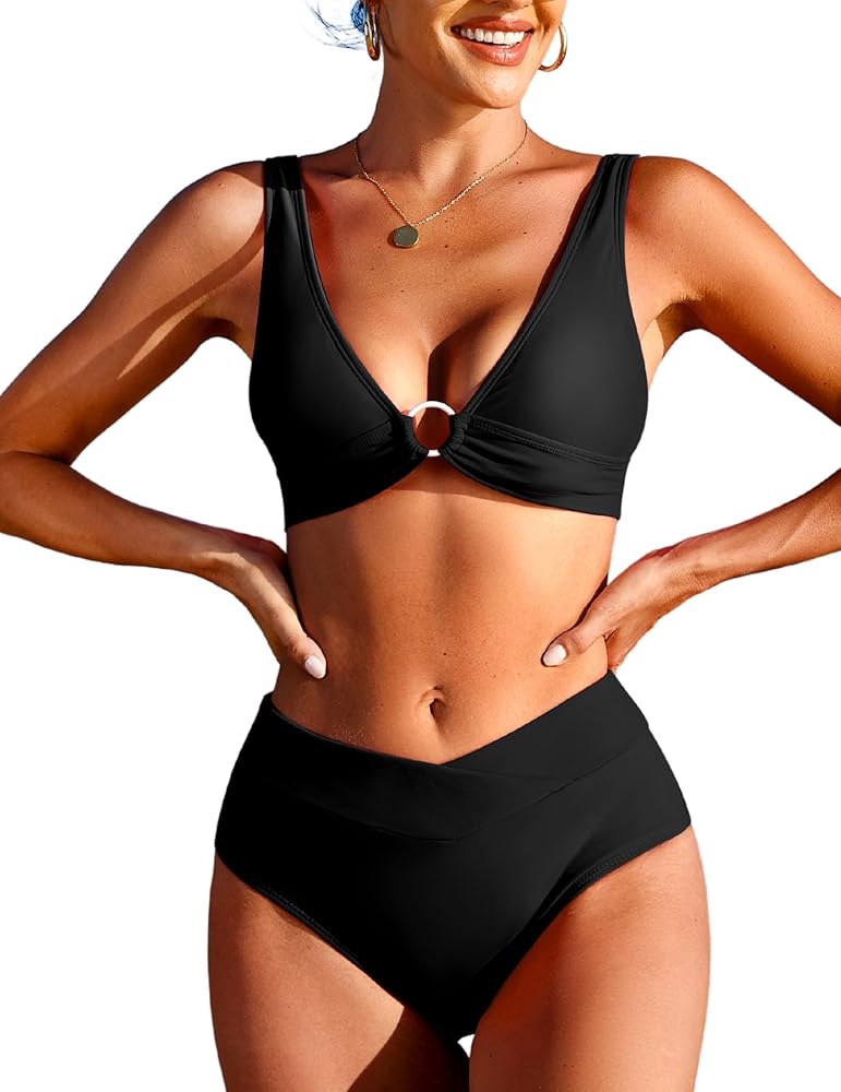 AI'MAGE Women's Bikini Set O-Ring Swimsuits Two Piece High Waisted Bathing Suits V Cut Bottom