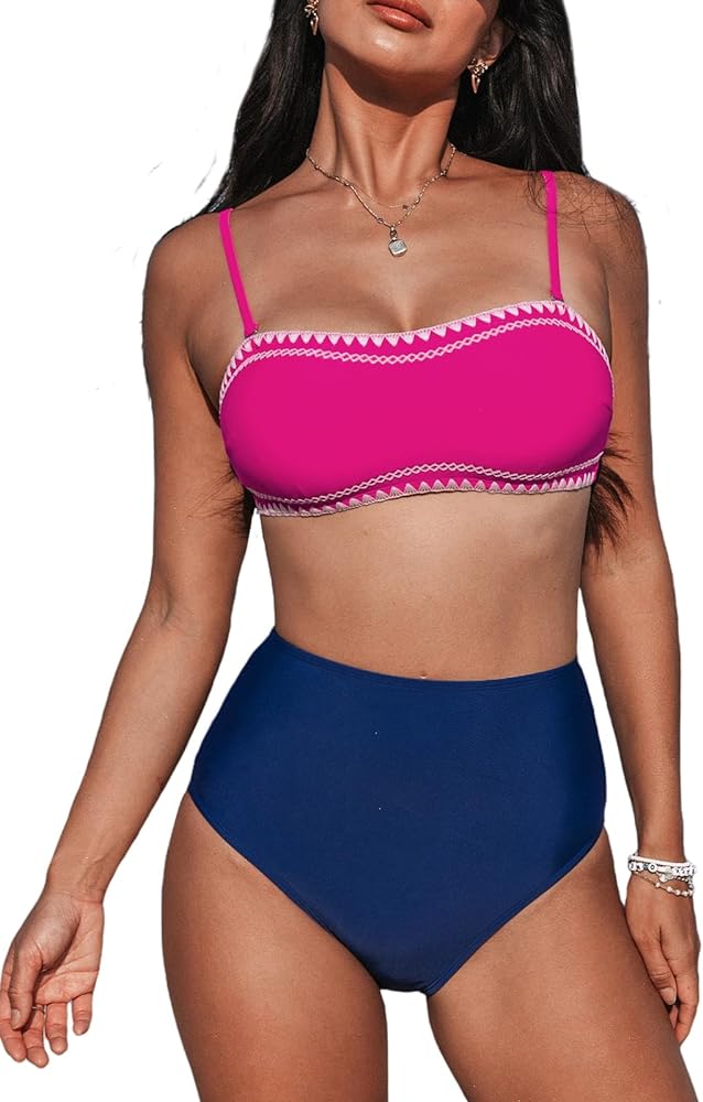 CUPSHE Women's Bikini Sets Two Piece Bathing Suit High Waisted Removable Straps Back Hook Shell Stitched