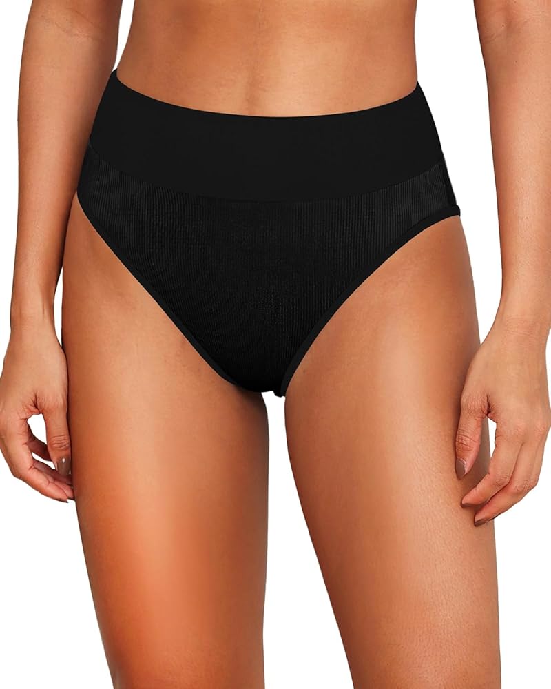 Tempt Me Women High Waisted Bikini Bottom Ribbed Textured Bathing Suit Color Block Swimsuit Bottom