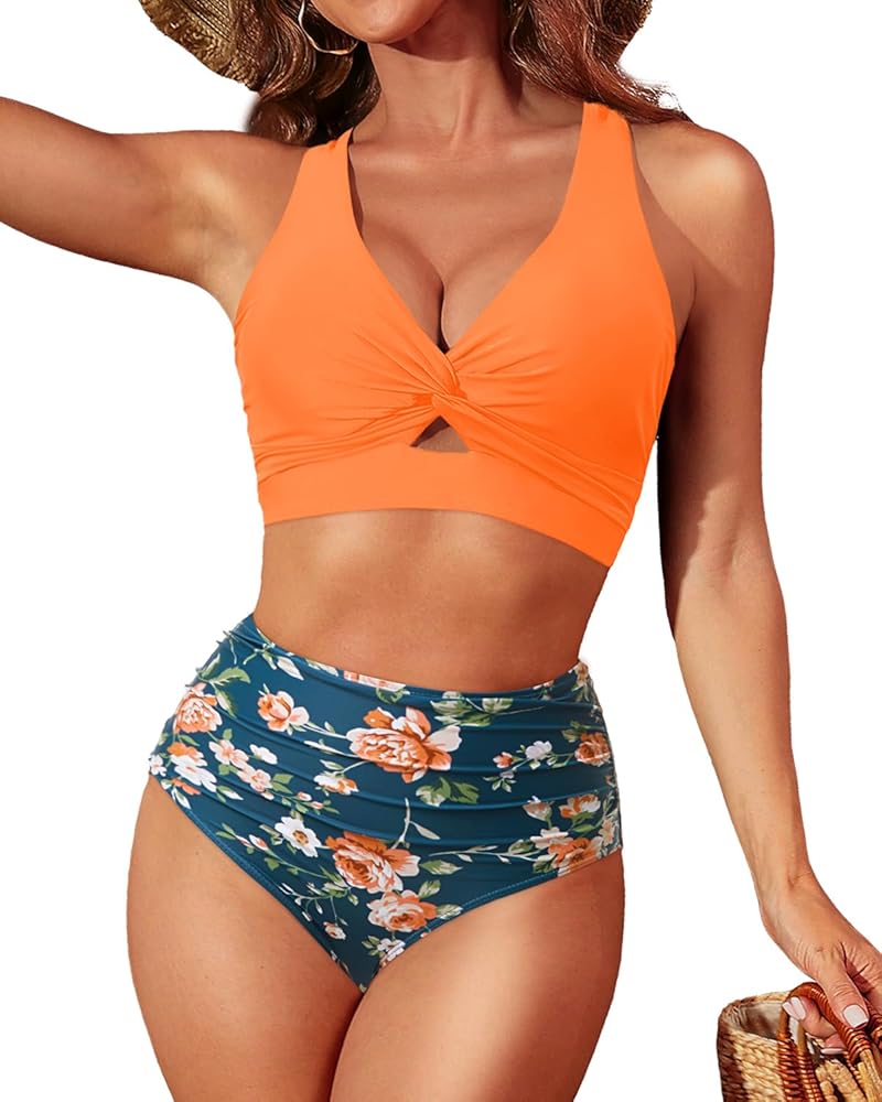 Tempt Me Women Two Piece Swimsuits High Waisted Bikini Knot Twist Cutout Tummy Control Bathing Suits