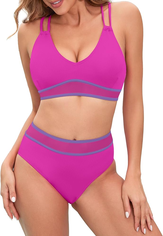 Women's 2 Pieces High Waisted Bikini Set V Neck Mesh Color Block Cheeky High Cut Bathing Suits