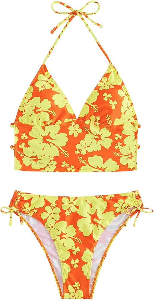 Floerns Women's 2 Piece Floral Print Halter Tie Back Crop Top and Bottoms Bikini Set