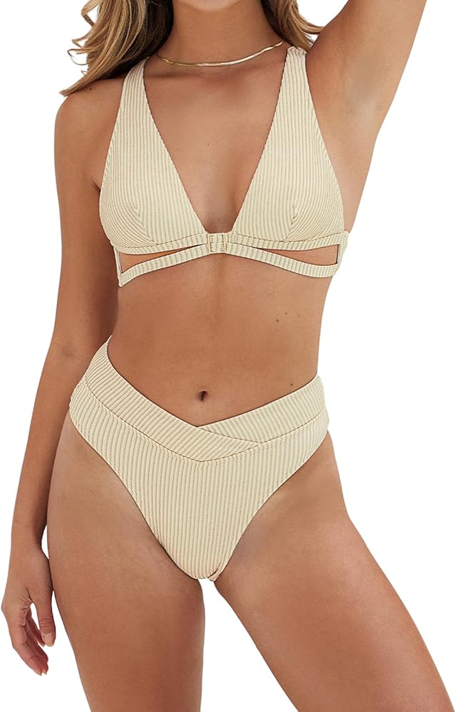 CUPSHE Women's Swimsuit Two Piece Bathing Suit High Waisted Wrap Plunge Self Tie V-Cut Ribbed Bikinis