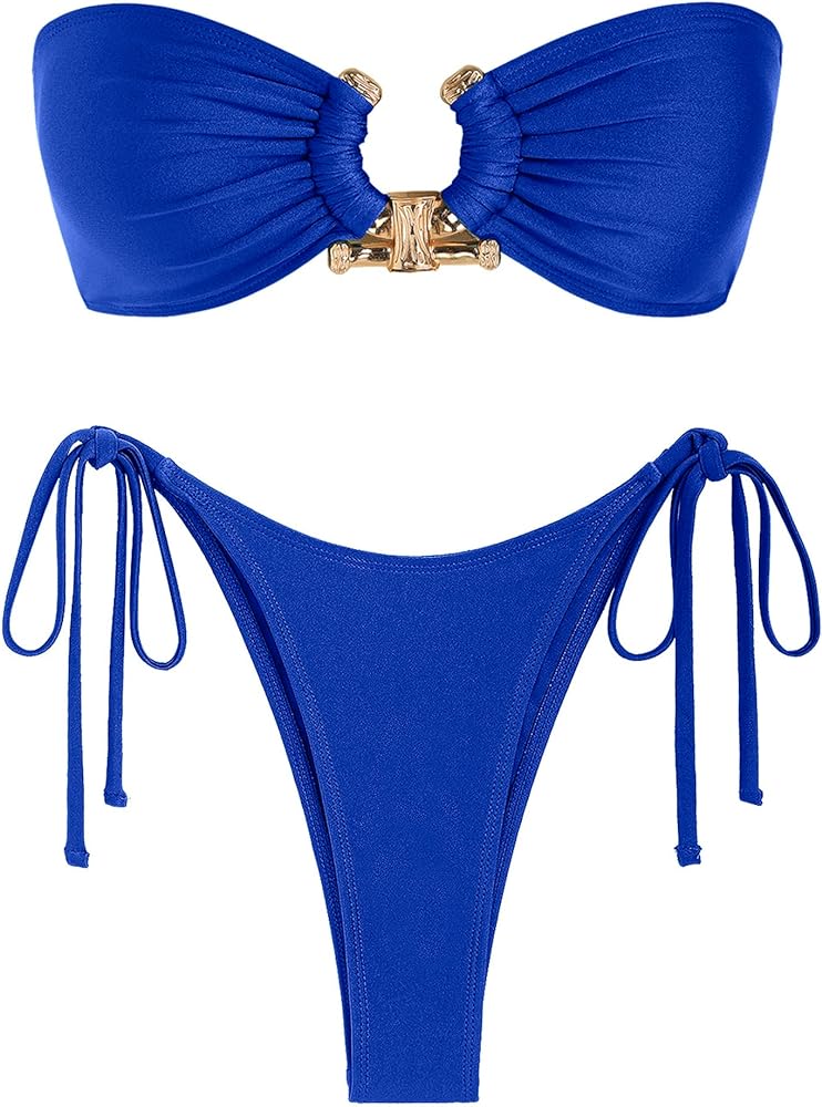 ZAFUL Metal Ring Bandeau Bikini Set Tie Side Bathing Suit High Cut 2 Piece Swimsuit Cutout Swimwear